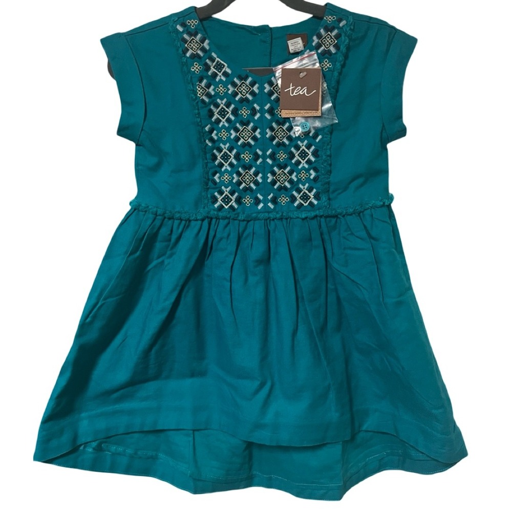 NWT Tea Collection‎ Girls Teal Blue Embroidered Cap Sleeve High-Low Dress Size 3